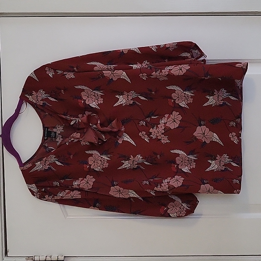 New Directions, Large, Brick Red, Floral Print Half Sleeve Blouse